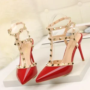 2025 Women's Shoes Rivets Sandals Female Summer Thick with Fine with High-heeled Shoes Pointed Stiletto Sexy Nightclub Shoes