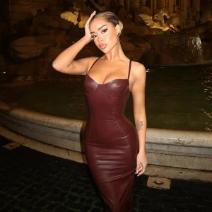 2024 European And American Style Fashion Solid Color PU Leather Splicing Sexy Waist Tight Bag Hip Strap Dress