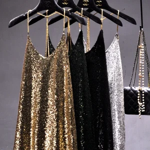 Dresses for Women Party Metal Chain Hanging Neck Long Render In Sequined Dress Sexy Backless Dress Nightclub Female Costumes