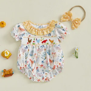 MISOWMNJOY Cute Cartoon Animal Baby Girls Summer Romper Short Sleeve Flower Chick Print Newborn Jumpsuit with Headband Clothes