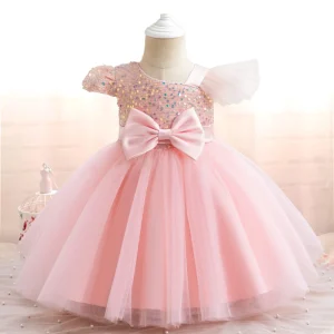 Baby Sequins Flower Tutu Gown Wedding Party Bow Princess Girl Fly Sleeves Dress Inafnt 1st Birthday Outfits Formal Gala Costume